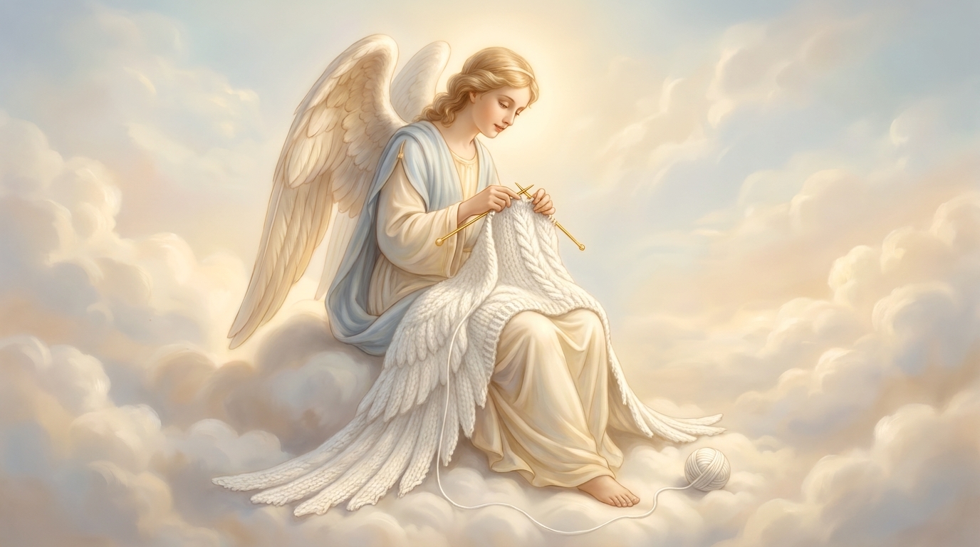 Soft, luminous illustration in the style of hand-painted porcelain: a gentle winged angel seated on a cloud, knitting a small sweater for her wings